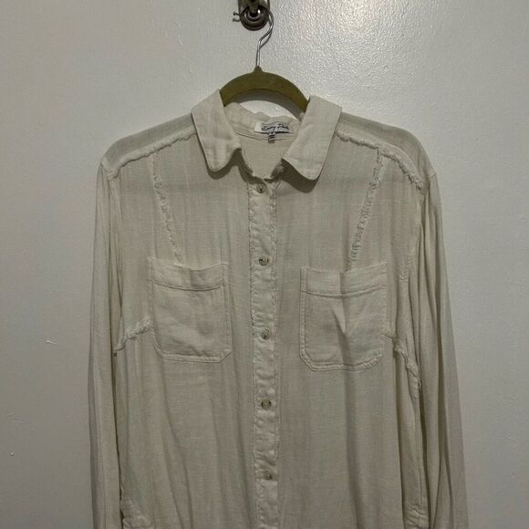 Emory Park White Linen Blend Button Front Blouse Size S Classic Neutral Minimal - Picture 2 of 10